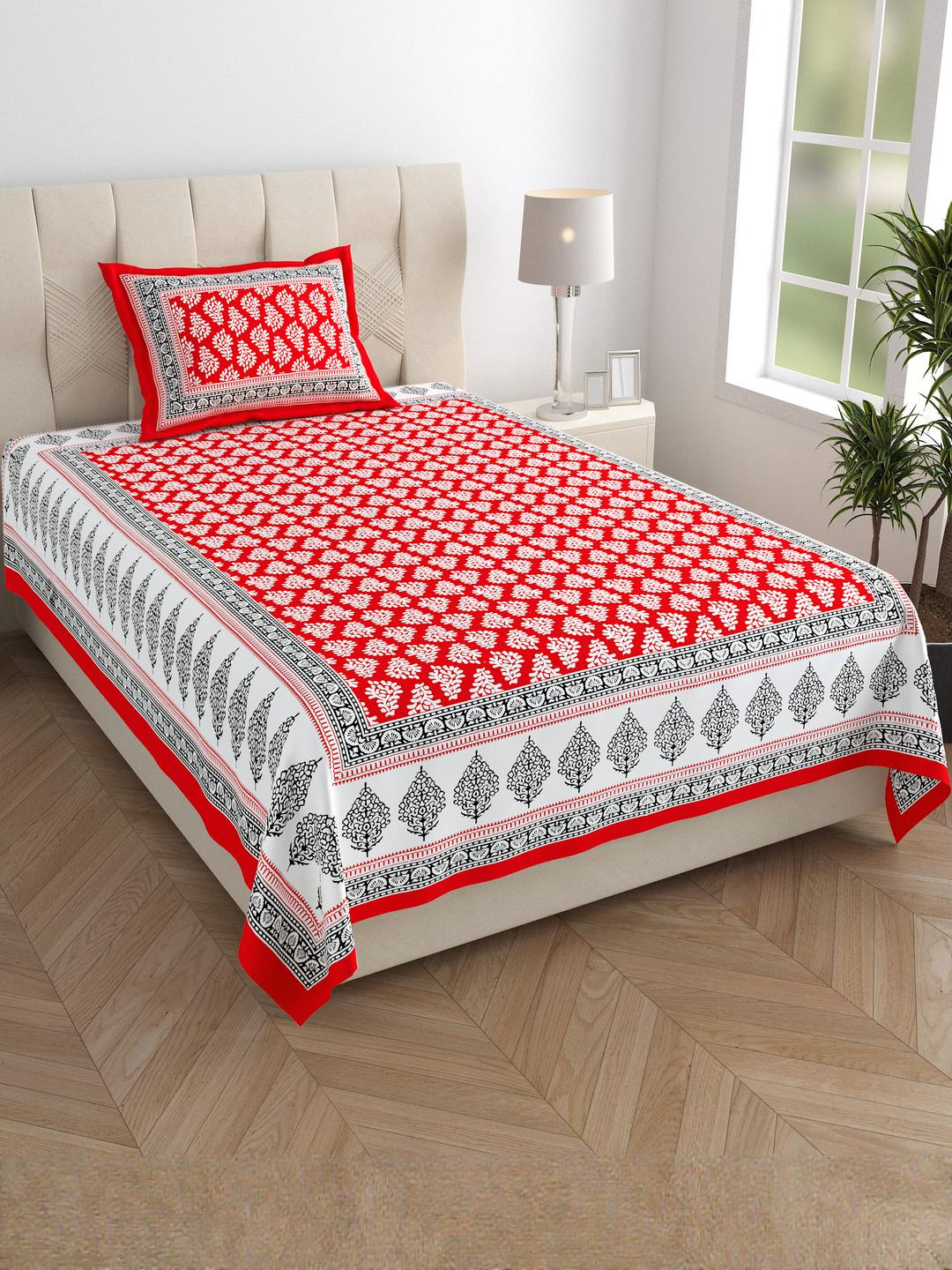 MANDAKINI Red Floral 144 TC Single Bedsheet With Pillow Cover