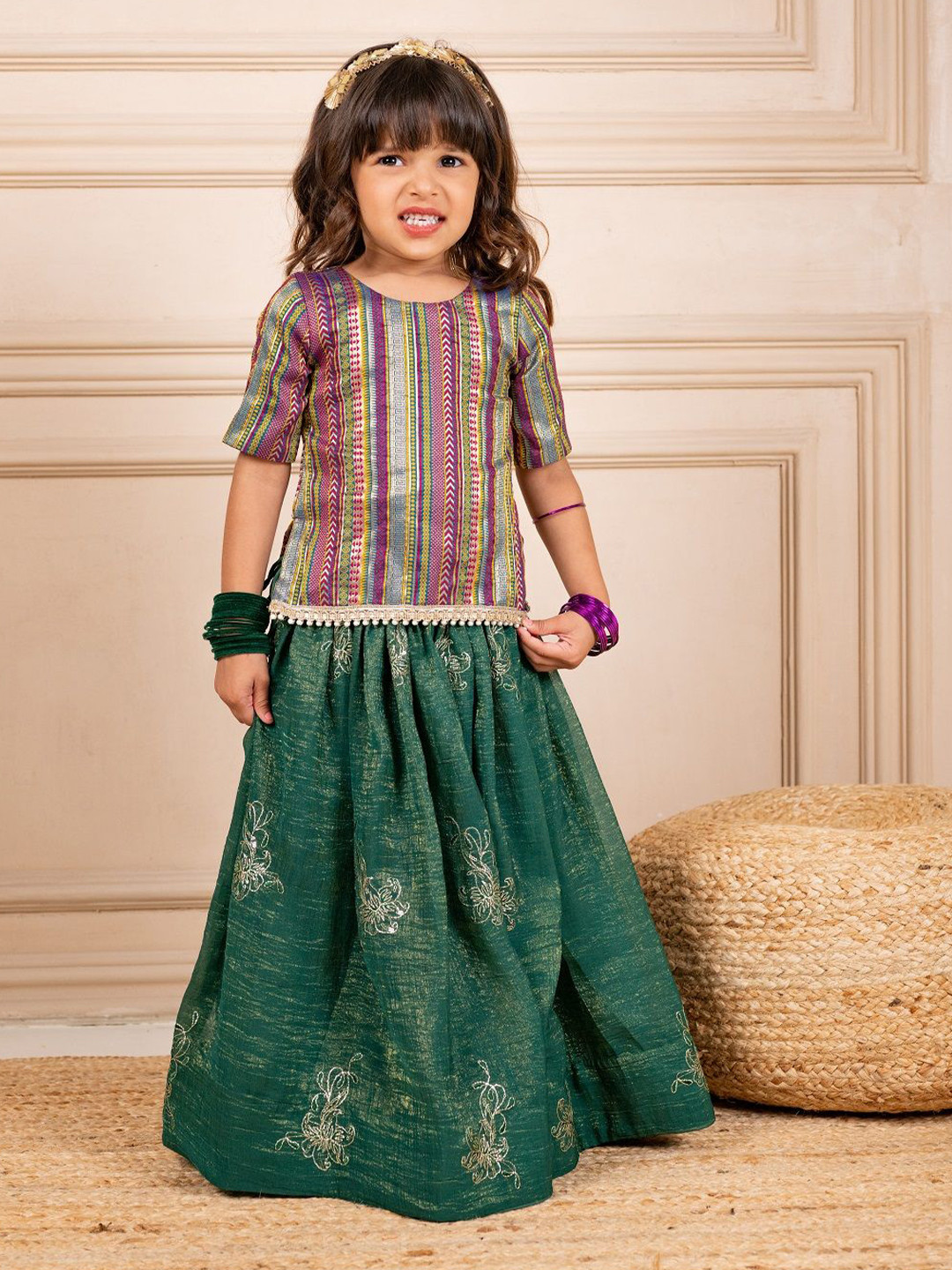 Jilmil Girls Banarasi Printed Round Neck Silk Georgette Top With Lehenga