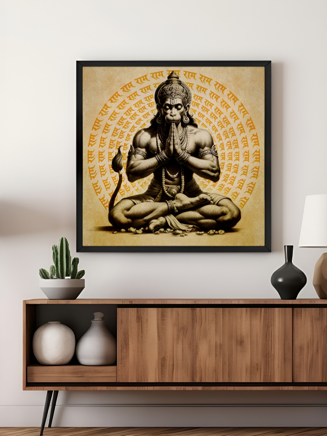 999Store Brown Hanuman Meditating with 'Jai Shri Ram' Mantra Canvas Painting Wall Art