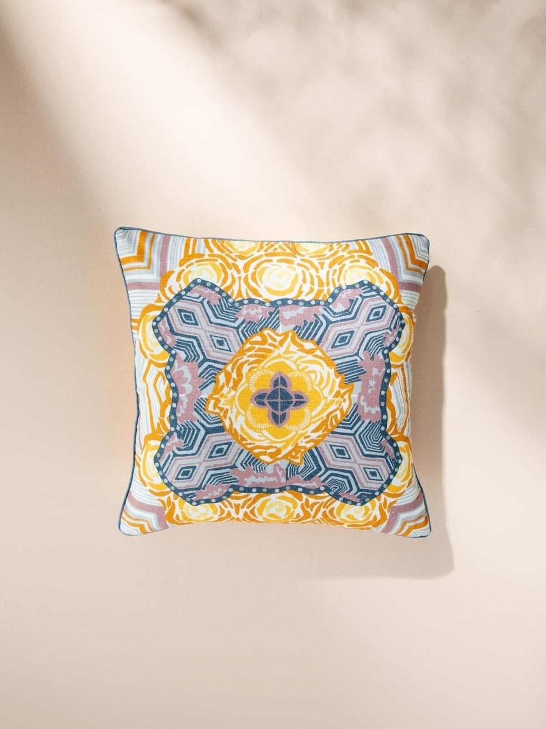 FREEDOM TREE Udipi Yellow & Blue Geometric Cotton Square Cushion Cover