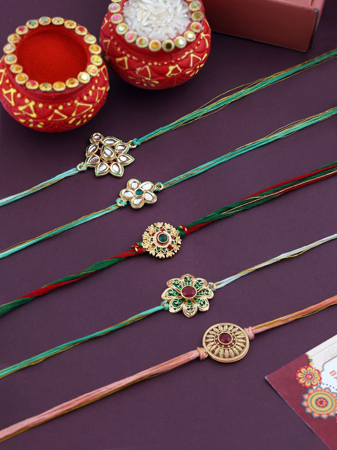 VIRAASI Set Of 5 Threaded Rakhis With Roli & Rice