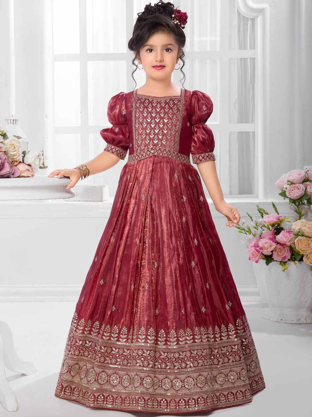 Lagorii Girls Embroidered  Sequins Work & Zari Gown Maxi Ethnic Dresses