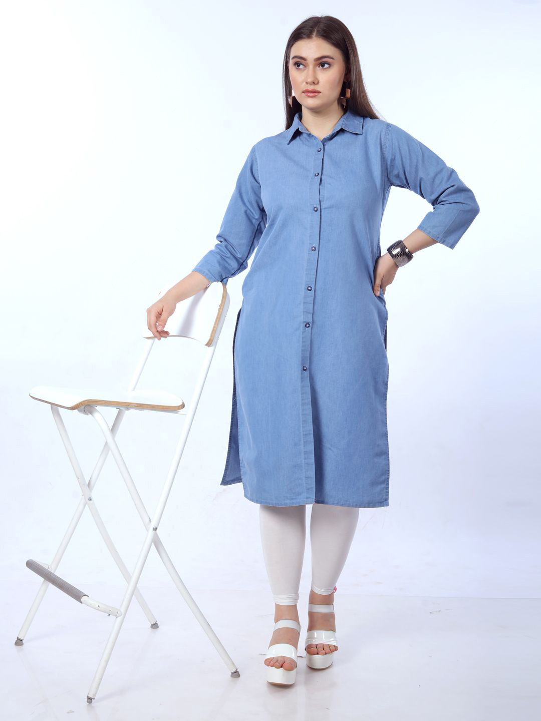 SK Creation Women Shirt Collar Denim Straight Kurta
