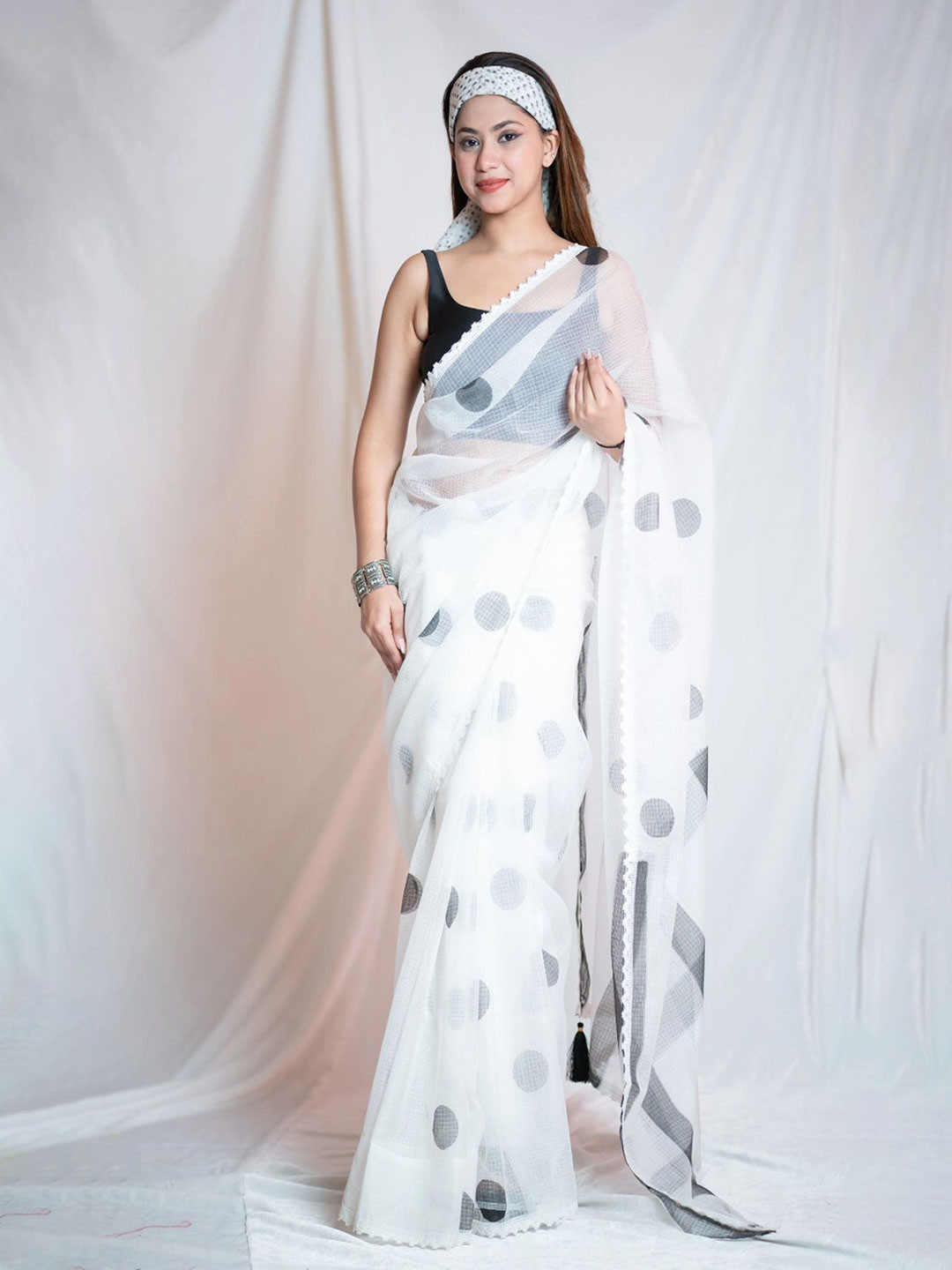 The Raksha Store Polka Dot Embroidered Pure Cotton Saree