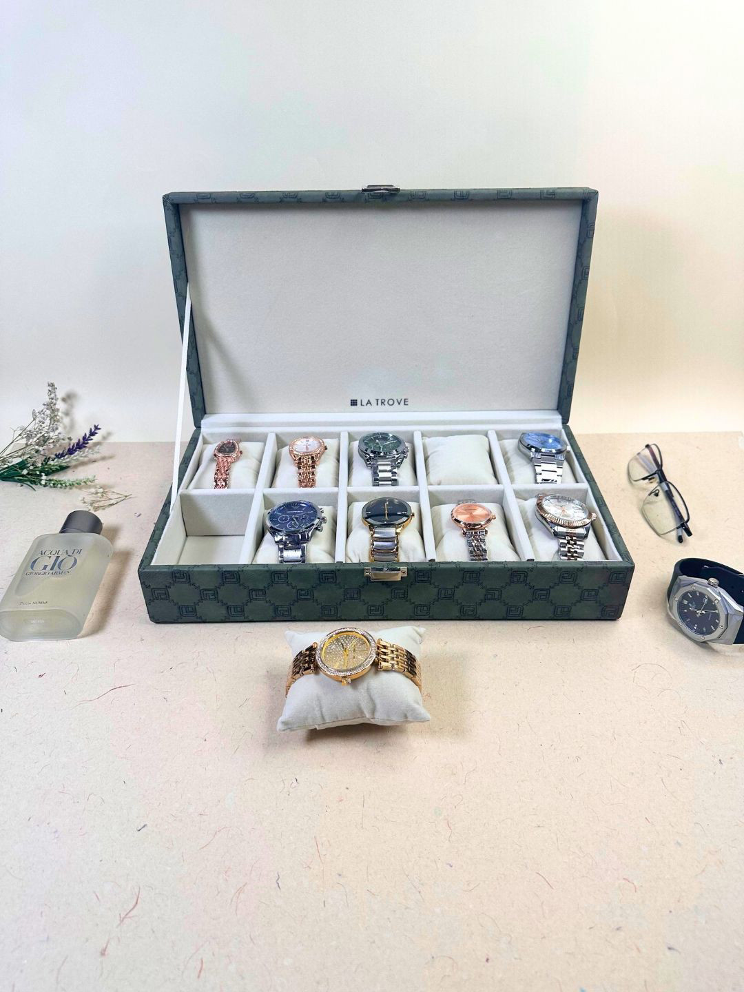 La Trove 10 Slot Olivegreen Leather Wrist Watch Organiser Closet Box