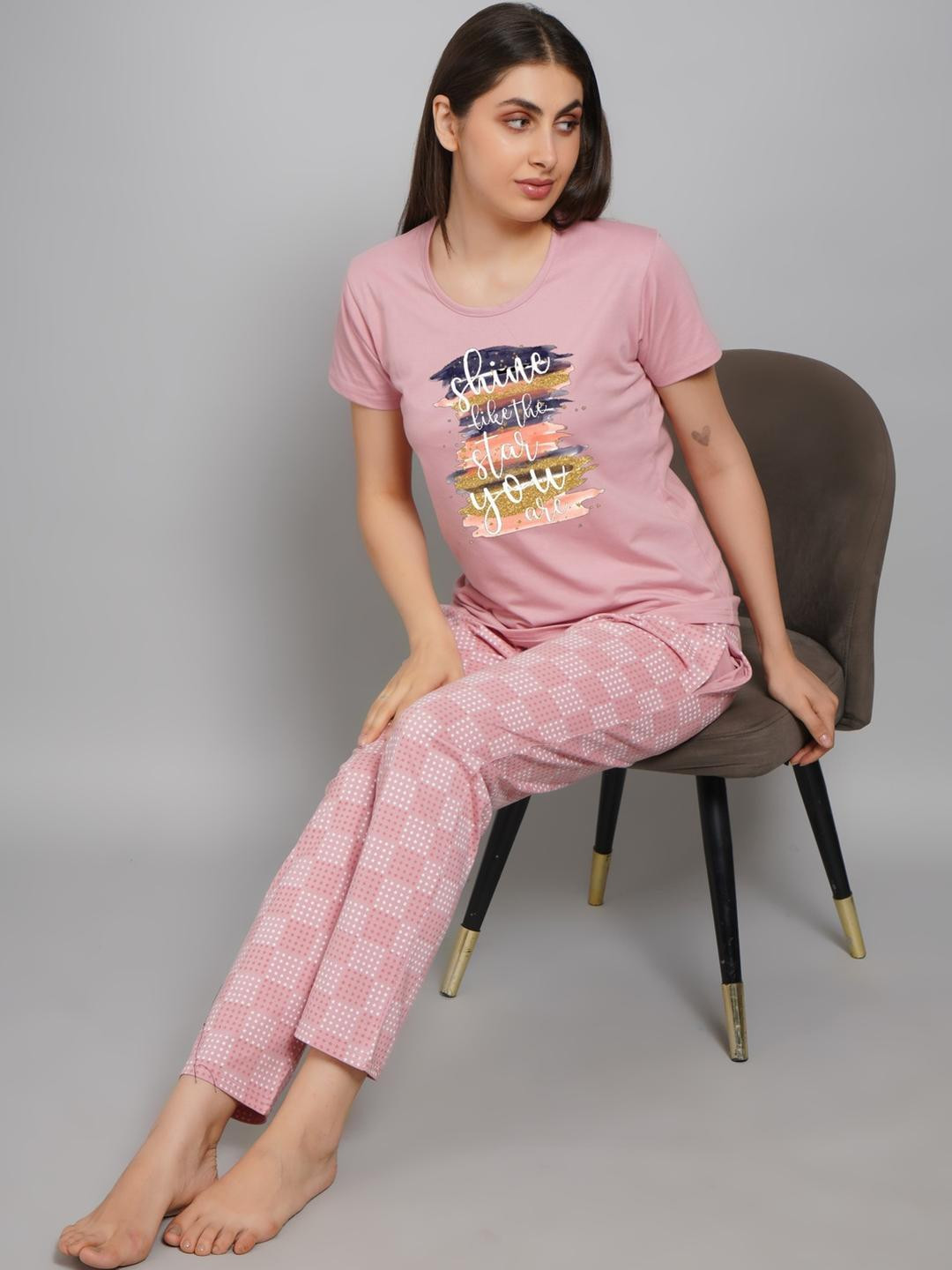 FITIN OUTFIT Peach Women Printed Night suit