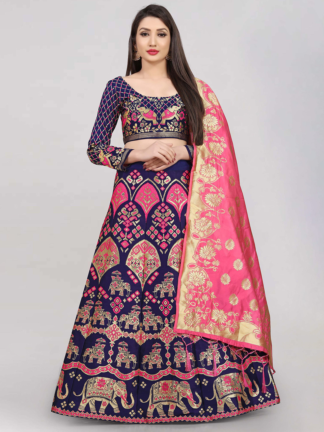 DIVASTRI Woven Design Zari Semi-Stitched Art Silk Lehenga & Unstitched Blouse With Dupatta