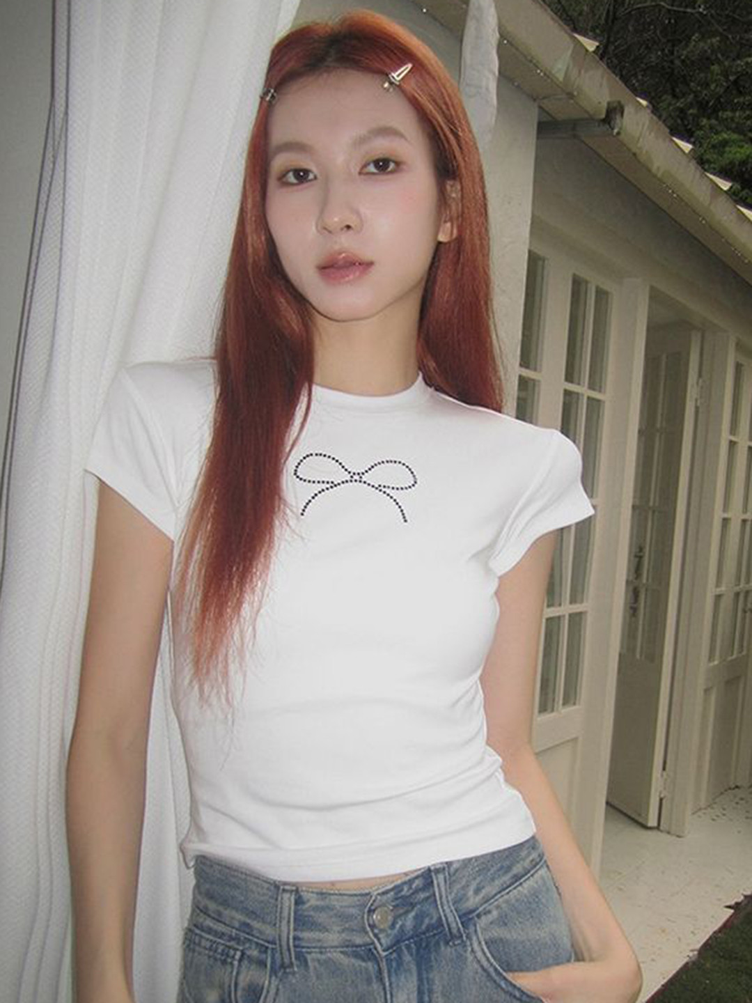LULU & SKY Women Bow Print Round Neck Slim Fit T-shirt