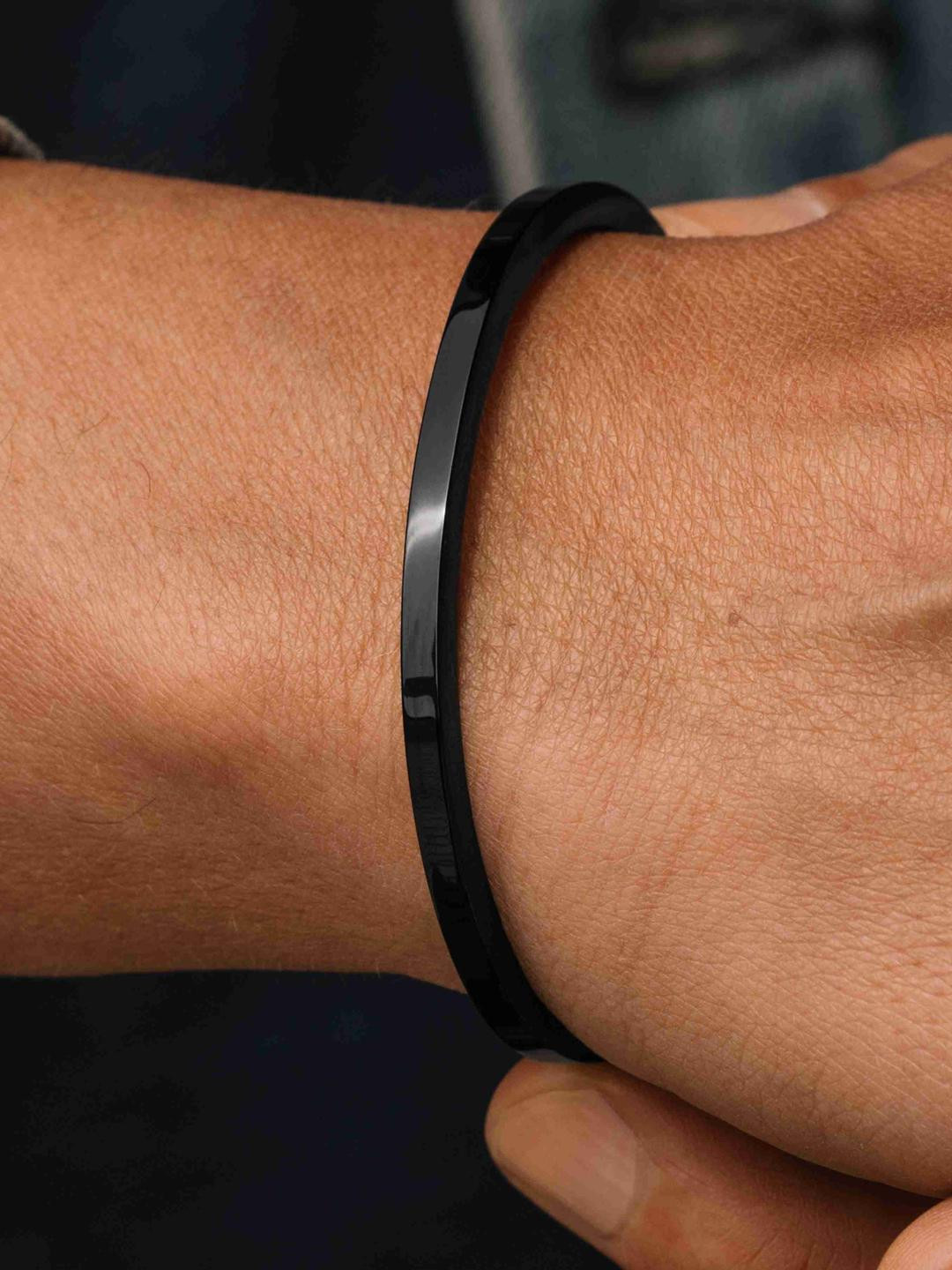 LITCHI Thin Black Stainless Steel Cuff Bracelet