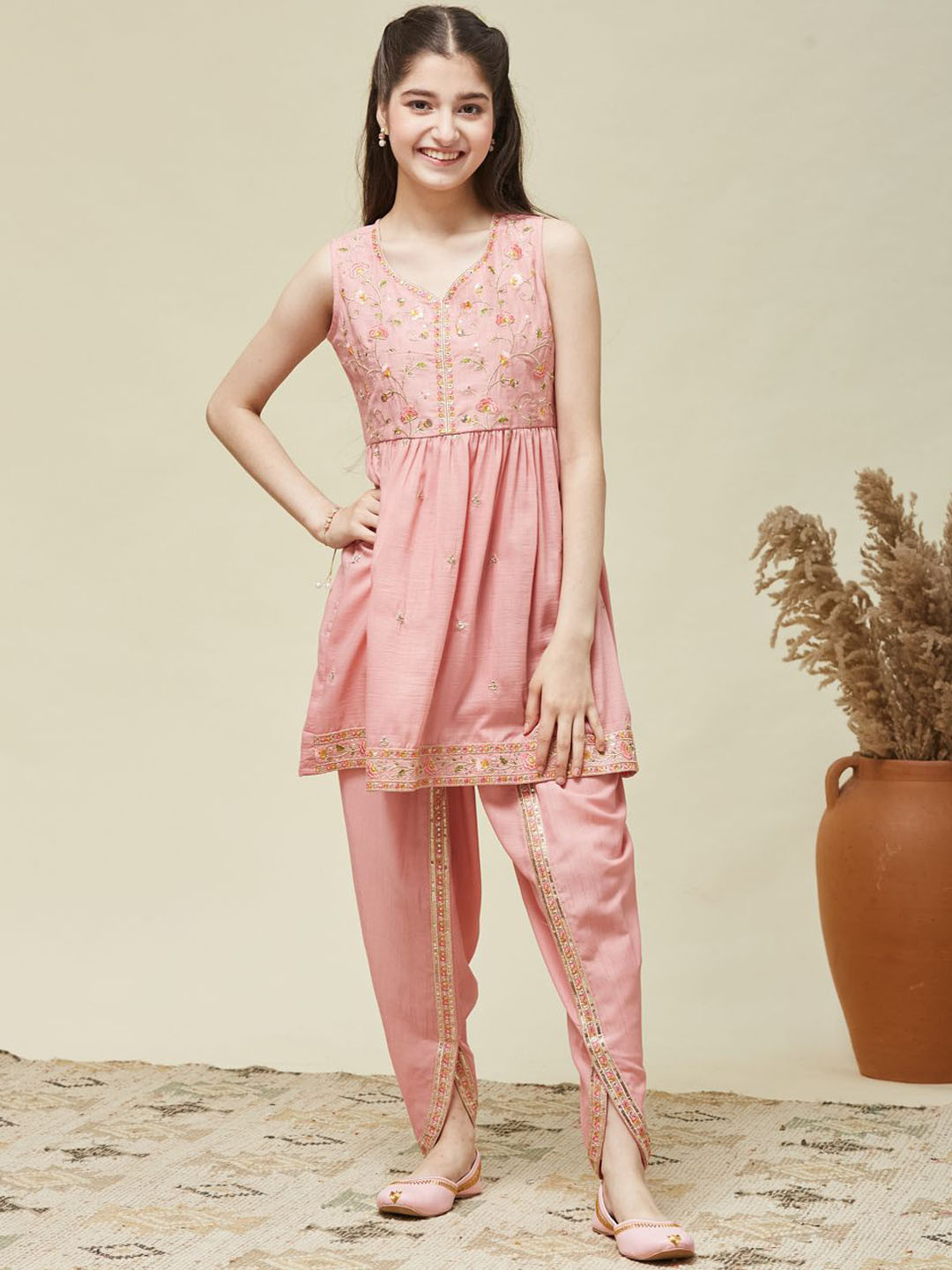 CurlyTales Girls Organza Embroidered Kurta and Dhoti Set