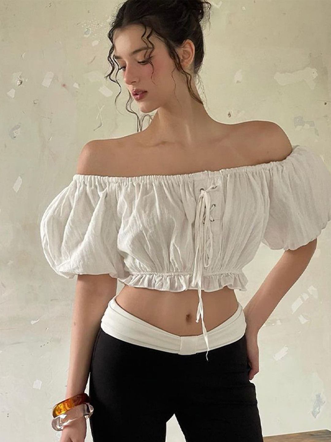 LULU & SKY Off-Shoulder Puff Sleeve Tie-Up Bardot Crop Top