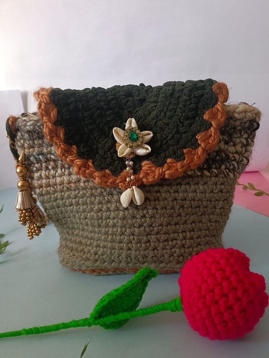 Sanjog Floral Sling Crochet Woolen Handmade Handbag