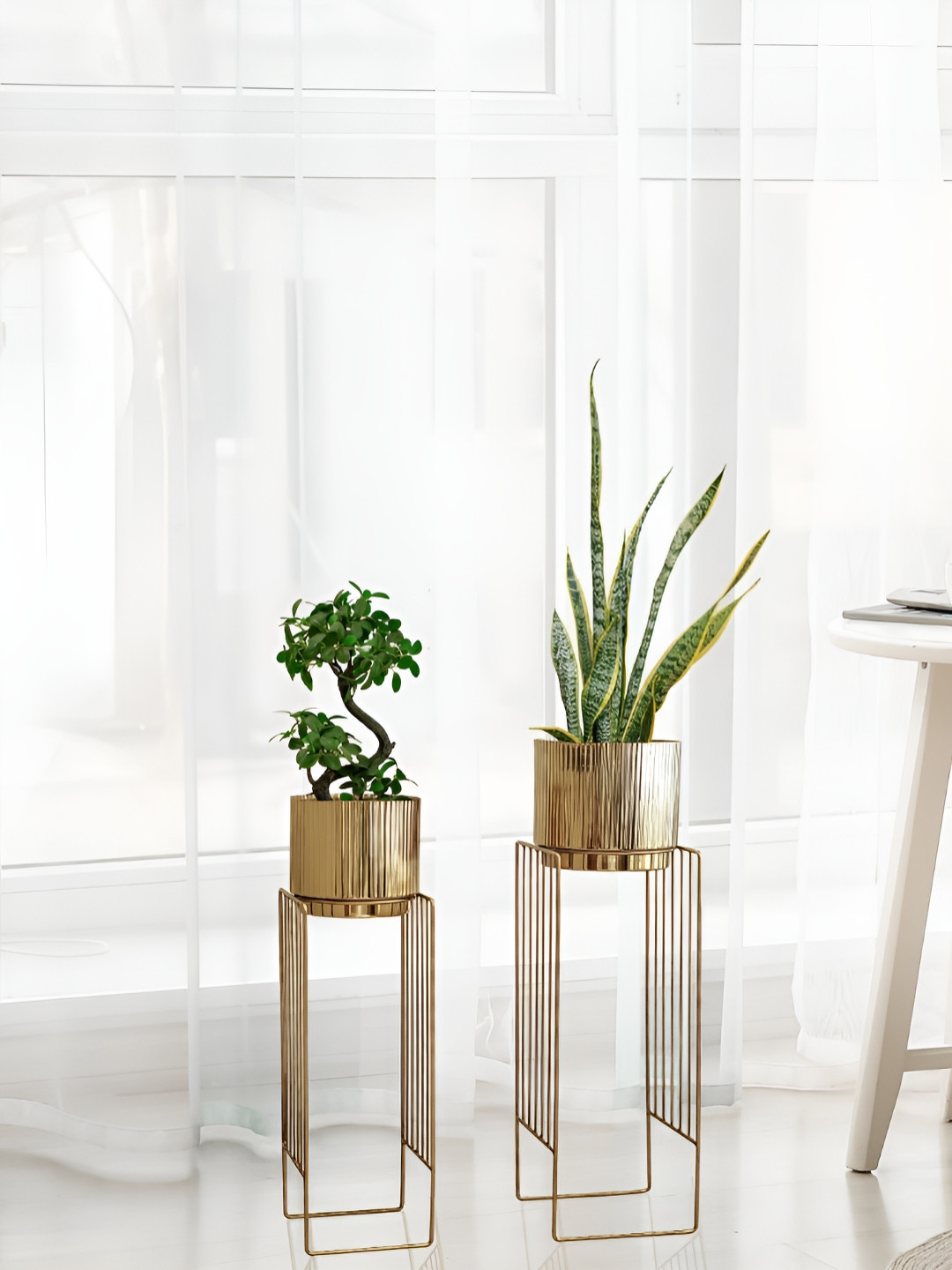 BEHOMA 2-Pcs Yellow Fluted Textured Planter With Stand