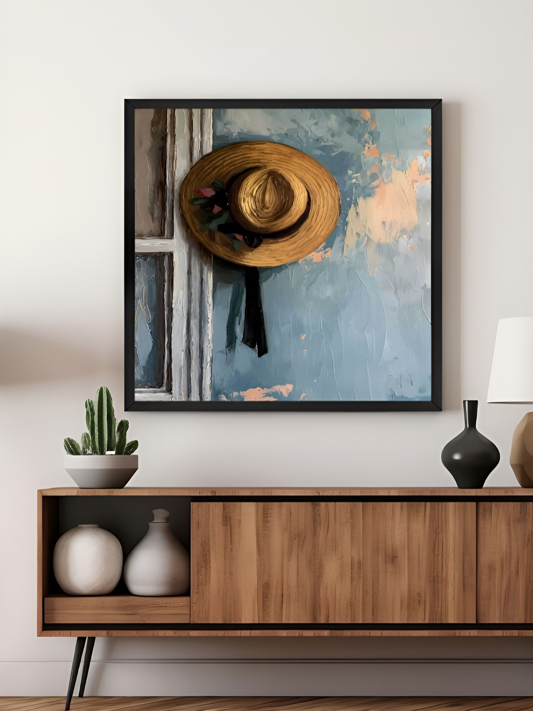 999Store Blue & Brown Canvas Straw Hat On Wall Art