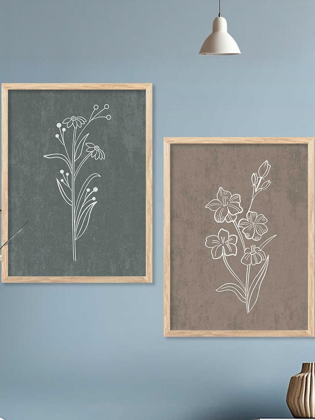WALLLANE Brown Grey Floral Free Hand Art Wall Painting Pack of 2