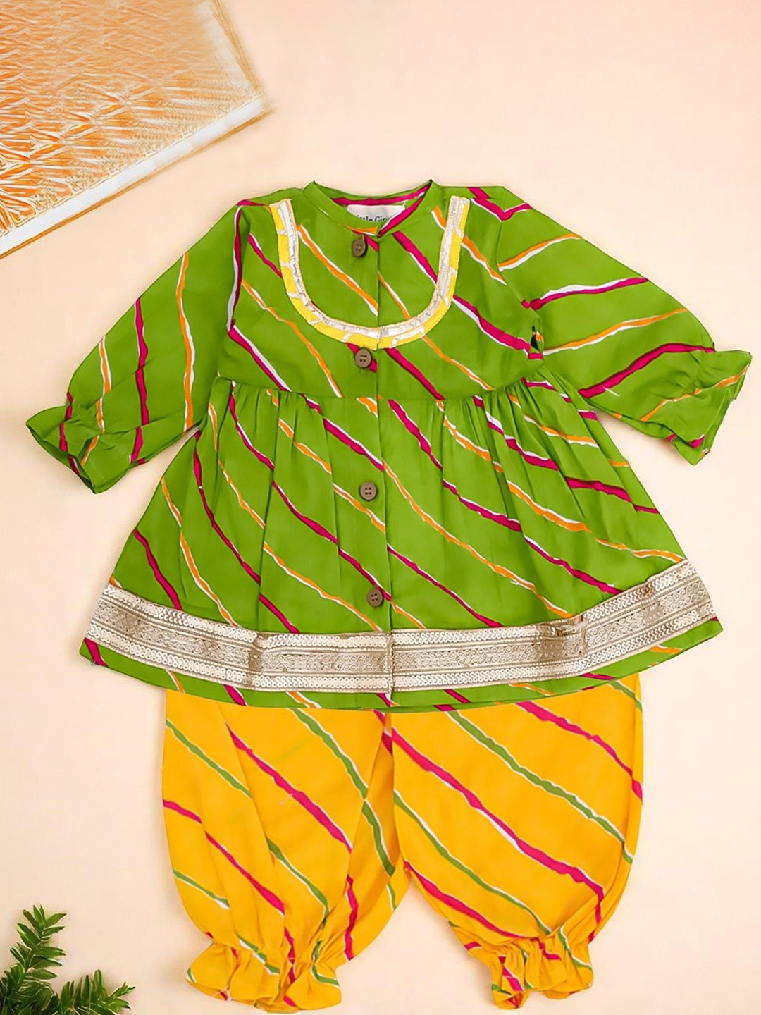 LITTLE GINNIE Girls Lehriya Printed Pure Cotton Kurti with Patiala