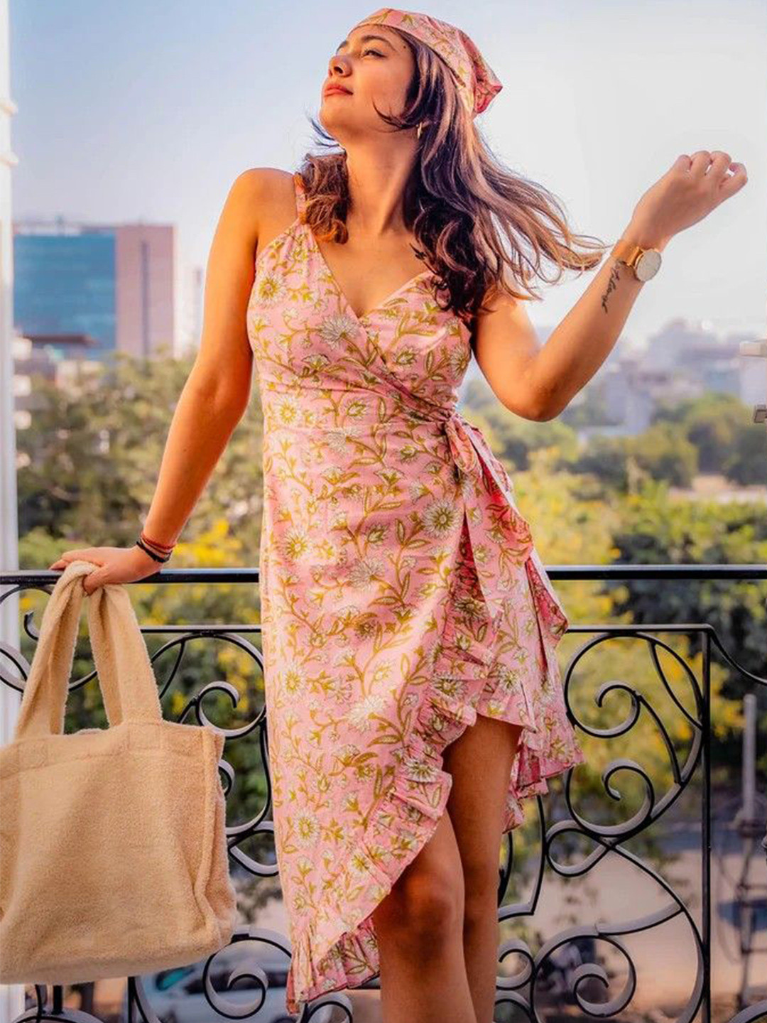 ODHANON Pink and Green Hand Block Floral Printed Wrap Asymmetric Dress