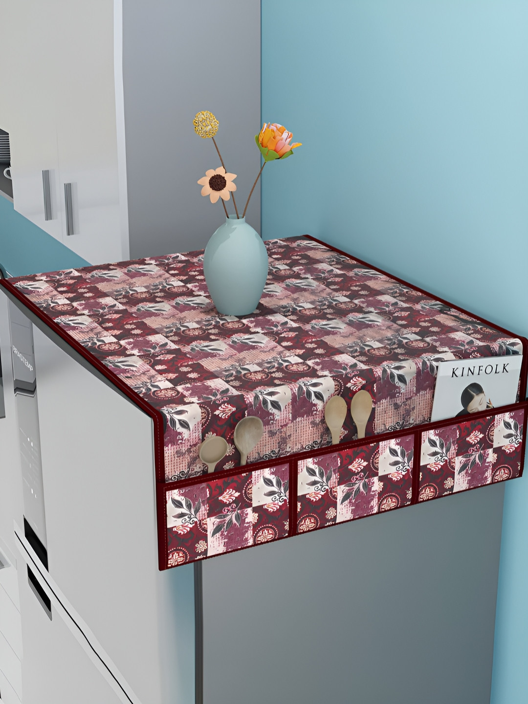 RUBOXA Maroon Printed Waterproof Fridge Cover Top with 6 Utility Side Pockets