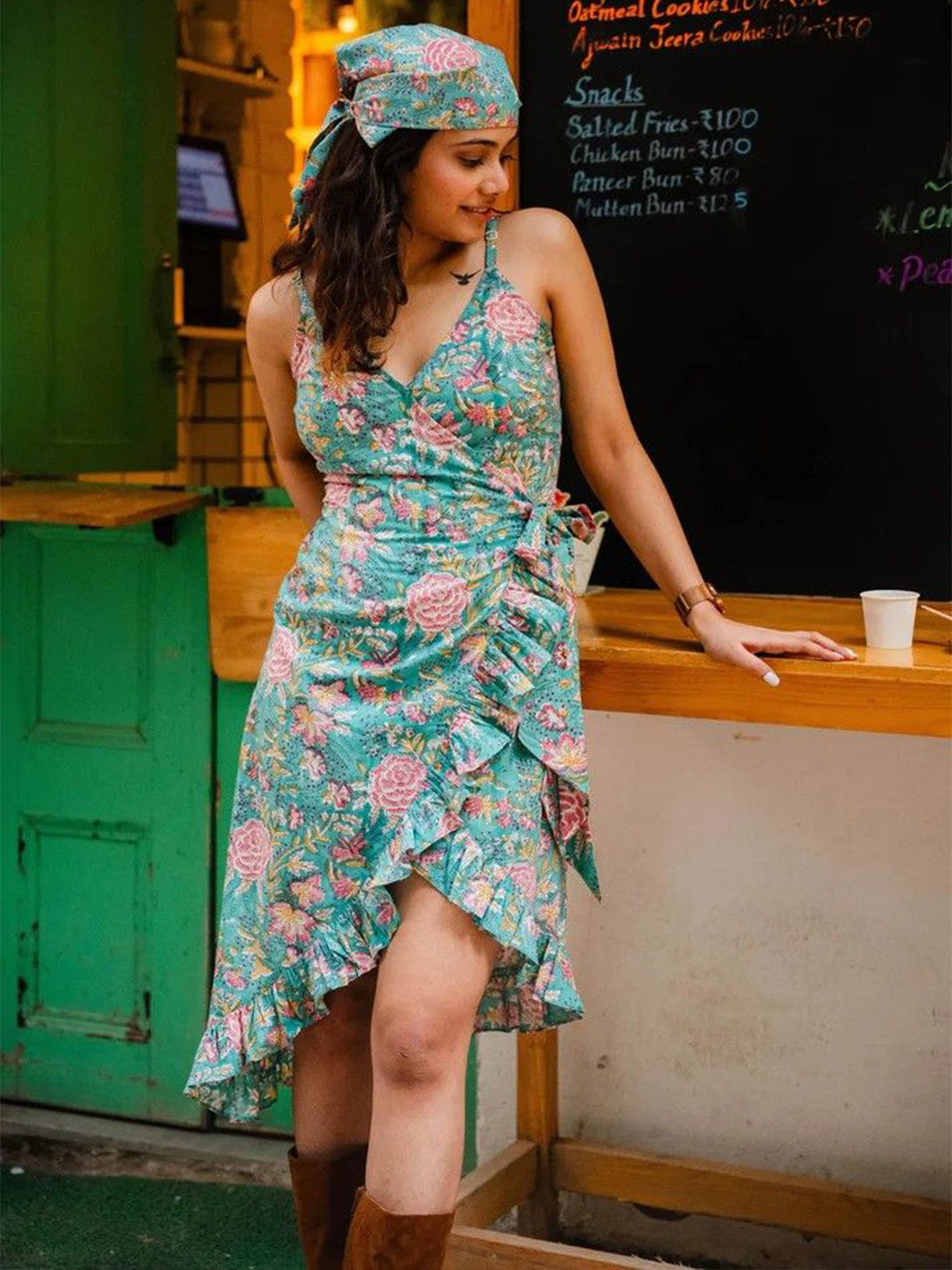 ODHANON Green Hand Block Floral Printed Wrap Asymmetric Dress