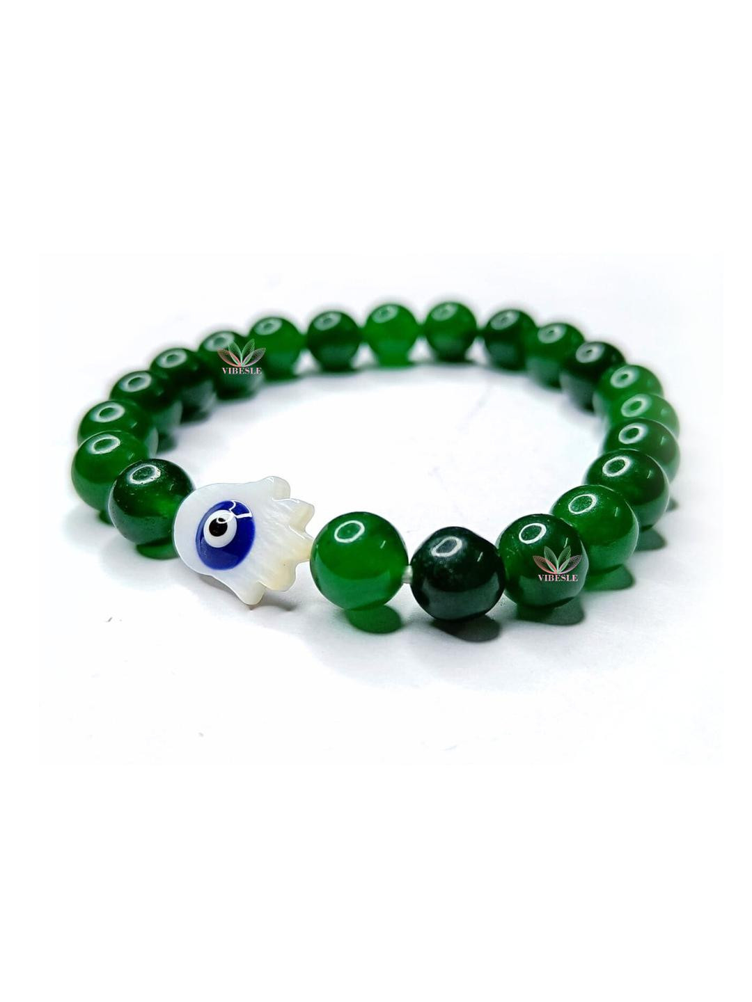 VIBESLE Green Crystals Beaded With Evil Eye Charm Elasticated Bracelet