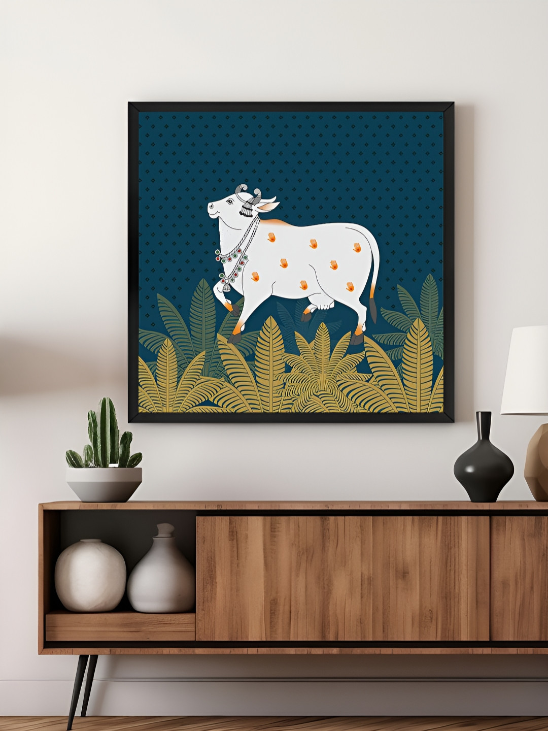 999Store White & Green Traditional Indian Cow Art Canvas Painting Wall Art