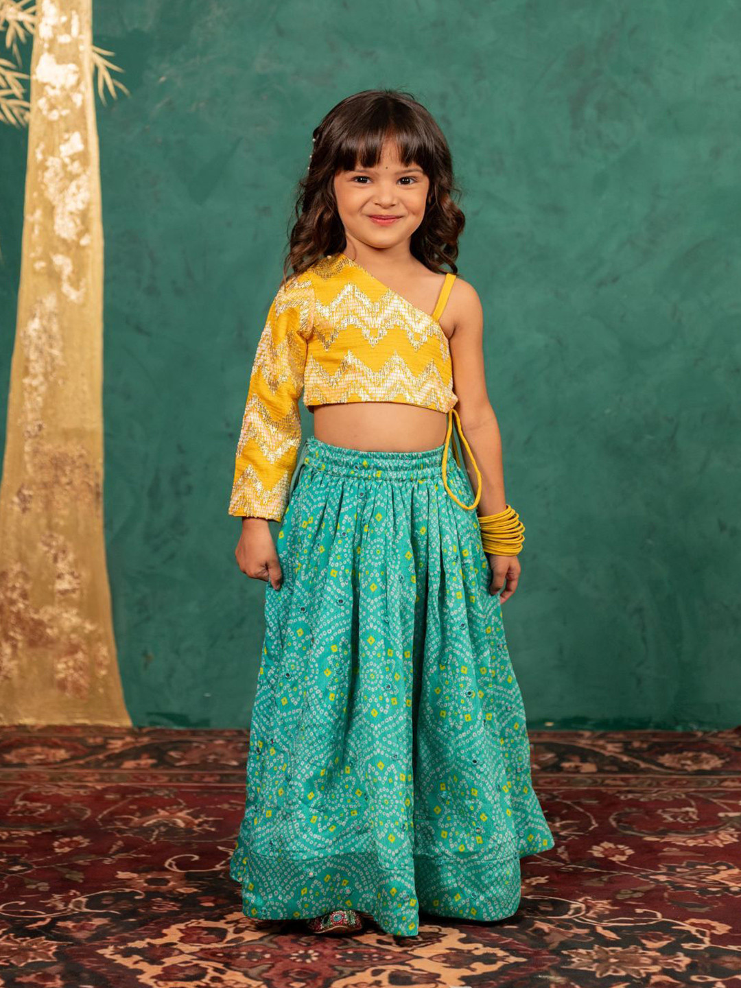 Jilmil Girls Embroidered One Shoulder Top With Bandhni Mirror Work Lehenga