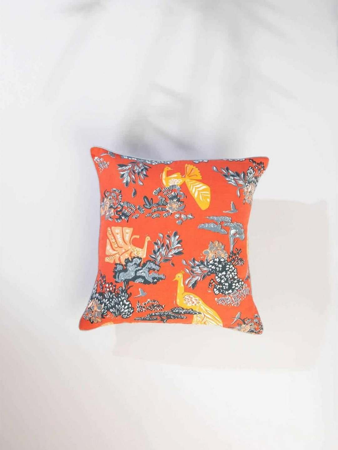 FREEDOM TREE Peacock Song Coral & Grey Ethnic Motifs Printed Cotton Square Cushion Covers