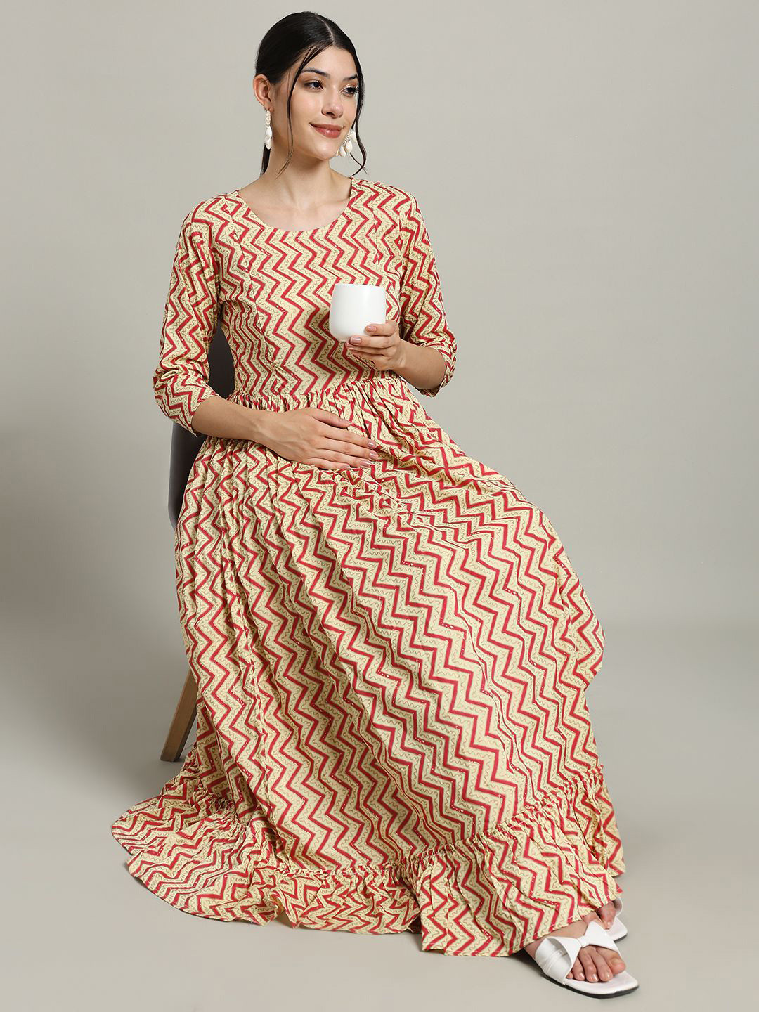 Gujari Pink Geometric Print Maternity Maxi Dress