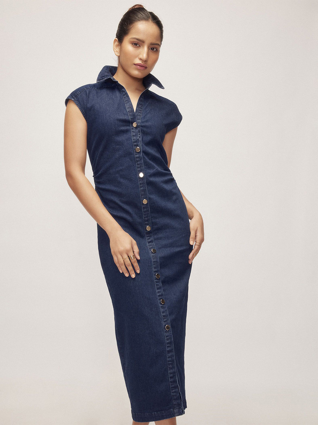 The Label Life Women Denim Ruched Shirt Dress