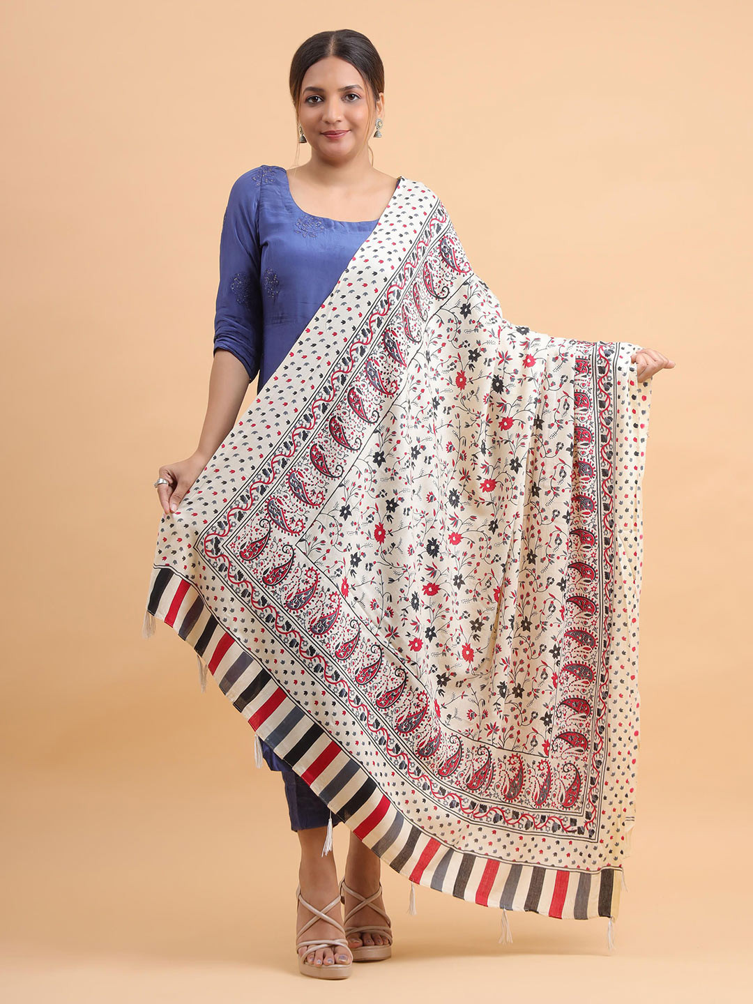 Moda Chales Crimson Noir Paisley Printed Pure Cotton Dupatta