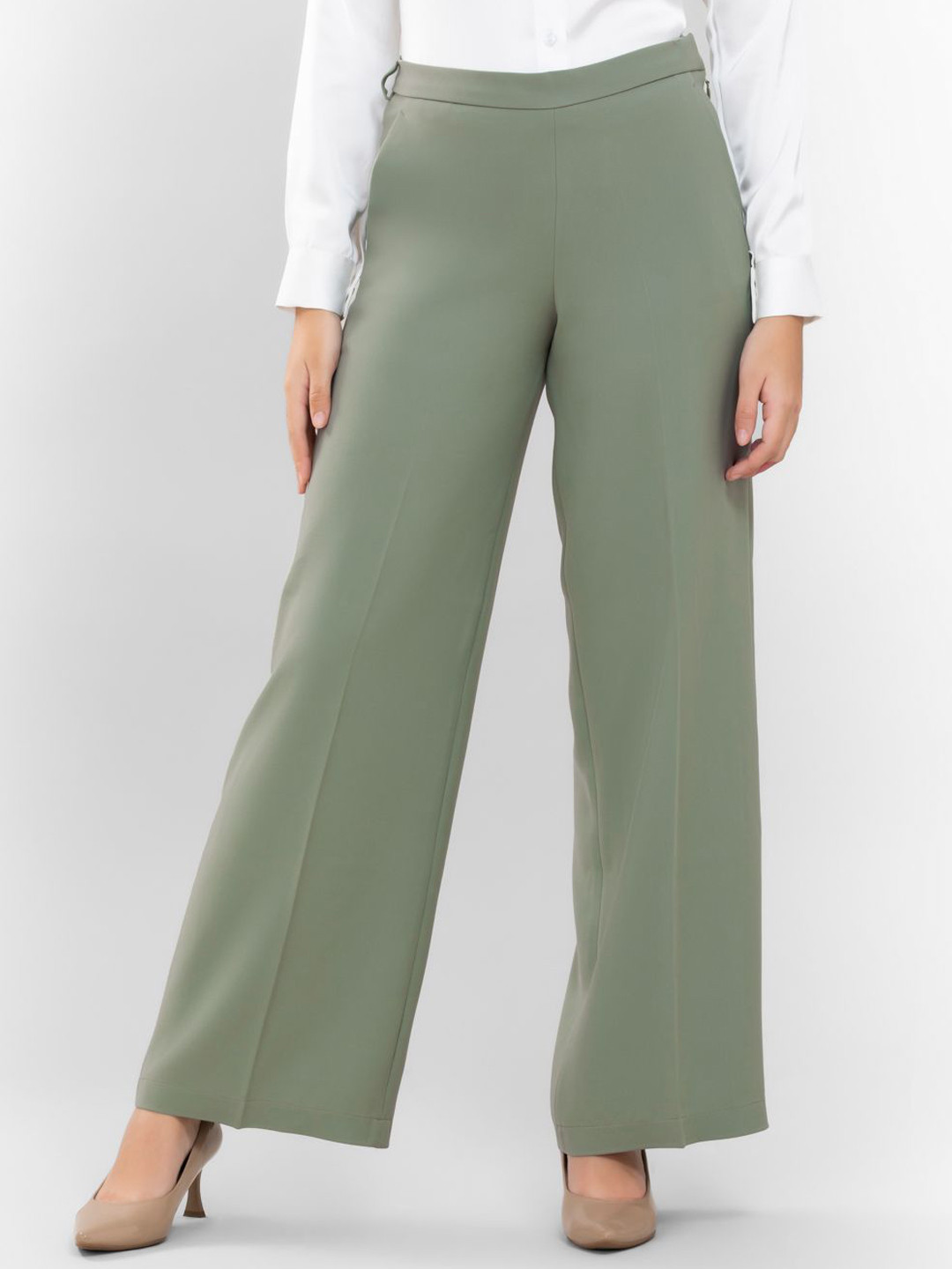 D'Almirah Women Solid Comfort Relaxed Fit High-Rise Flat-Front Wide Leg Trousers