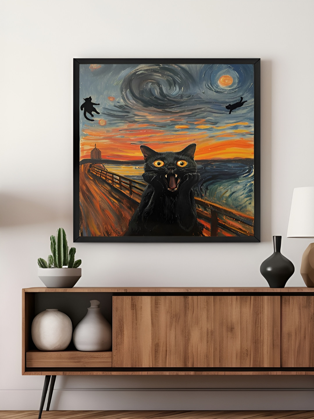 999Store Black & Orange Canvas Scream Cat Wall Art