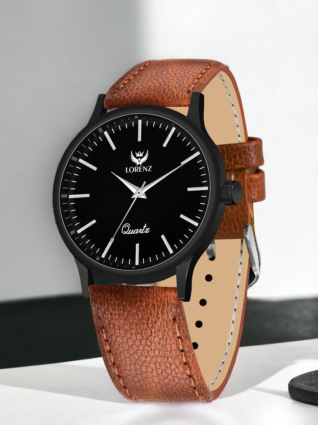 LORENZ Men Brass Dial & Leather Textured Straps Analogue Watch MK-4055R