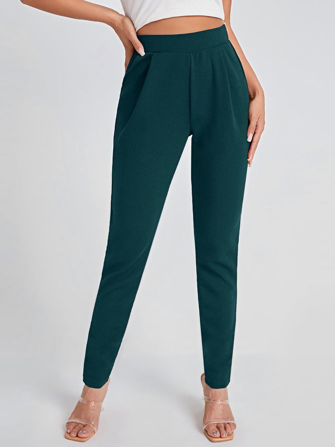 DTR FASHION Women Carrot High-Rise Slim Fit Pleated Trousers