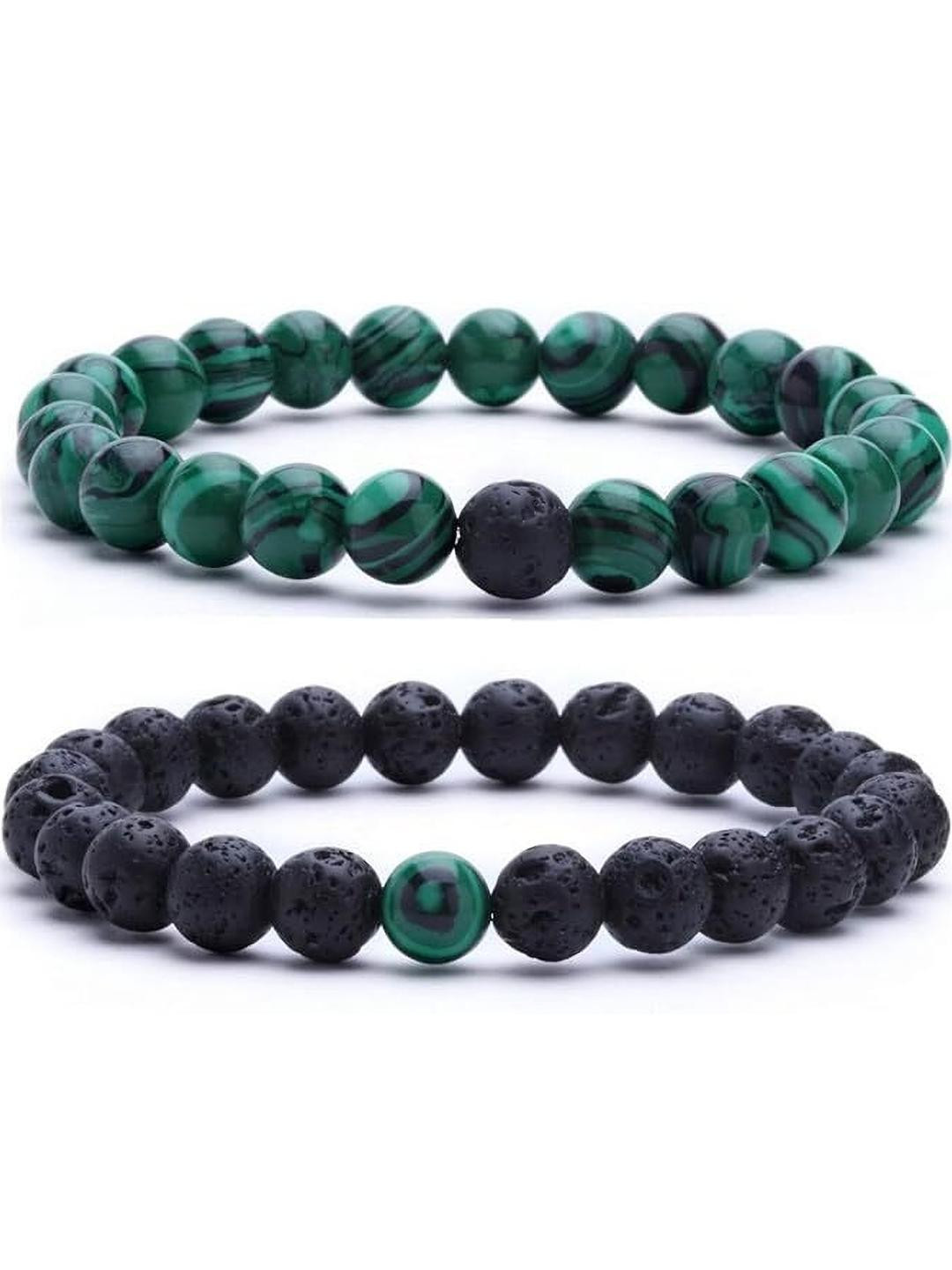 VIBESLE Set of 2 Malachite + Lava Crystals Beaded Elasticated Bracelet