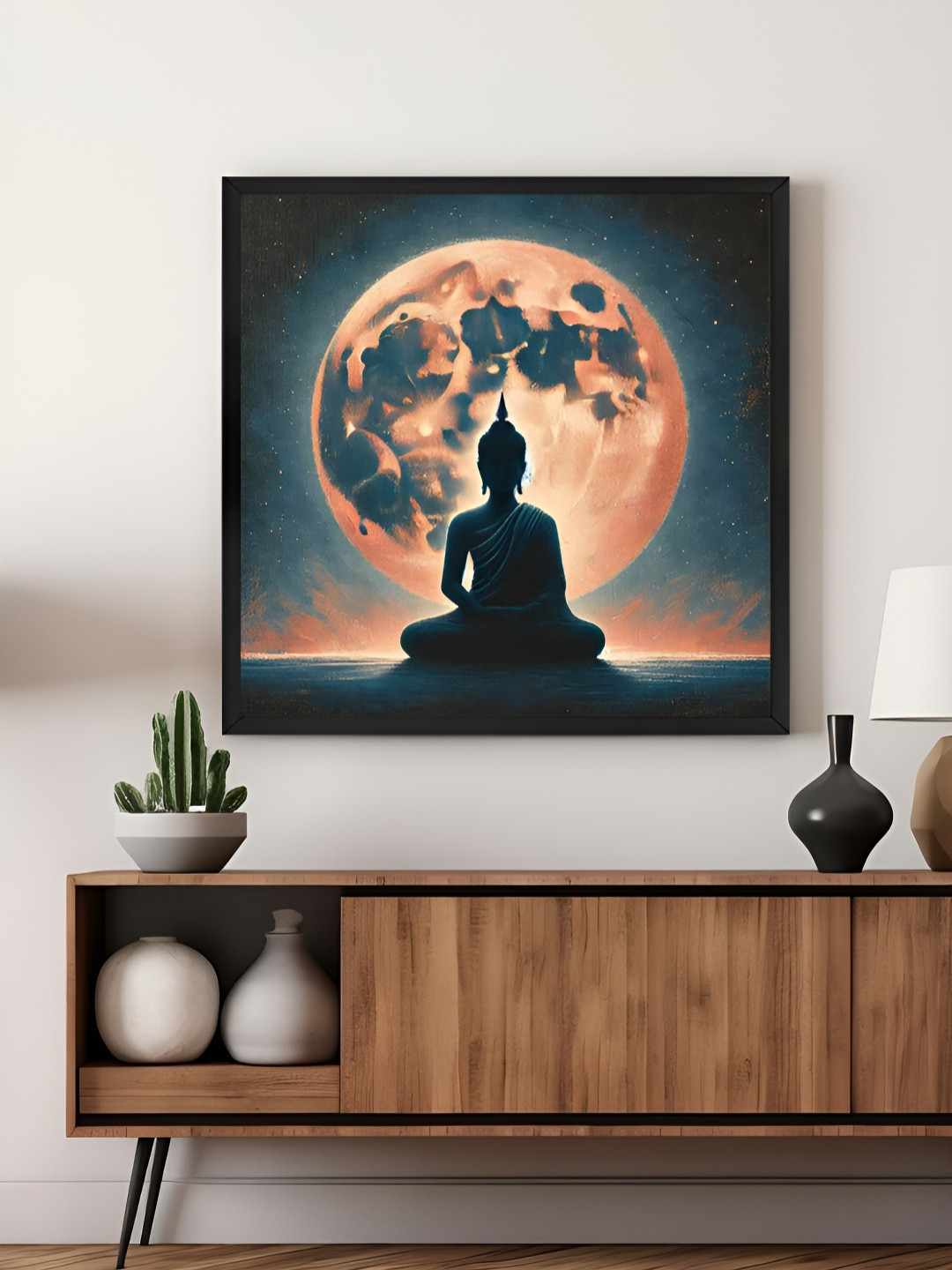 999Store Teal & Orange Canvas Buddha Moon Religious Wall Art