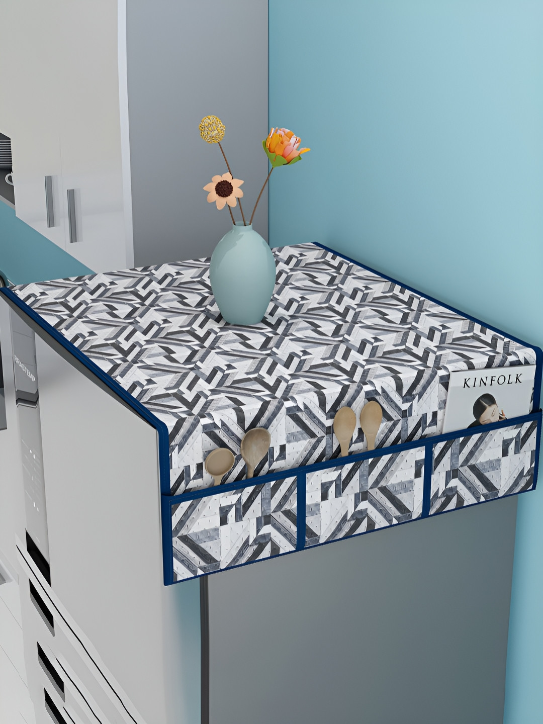 RUBOXA Grey & White Quilted Waterproof Fridge Cover Top with 6 Utility Side Pockets