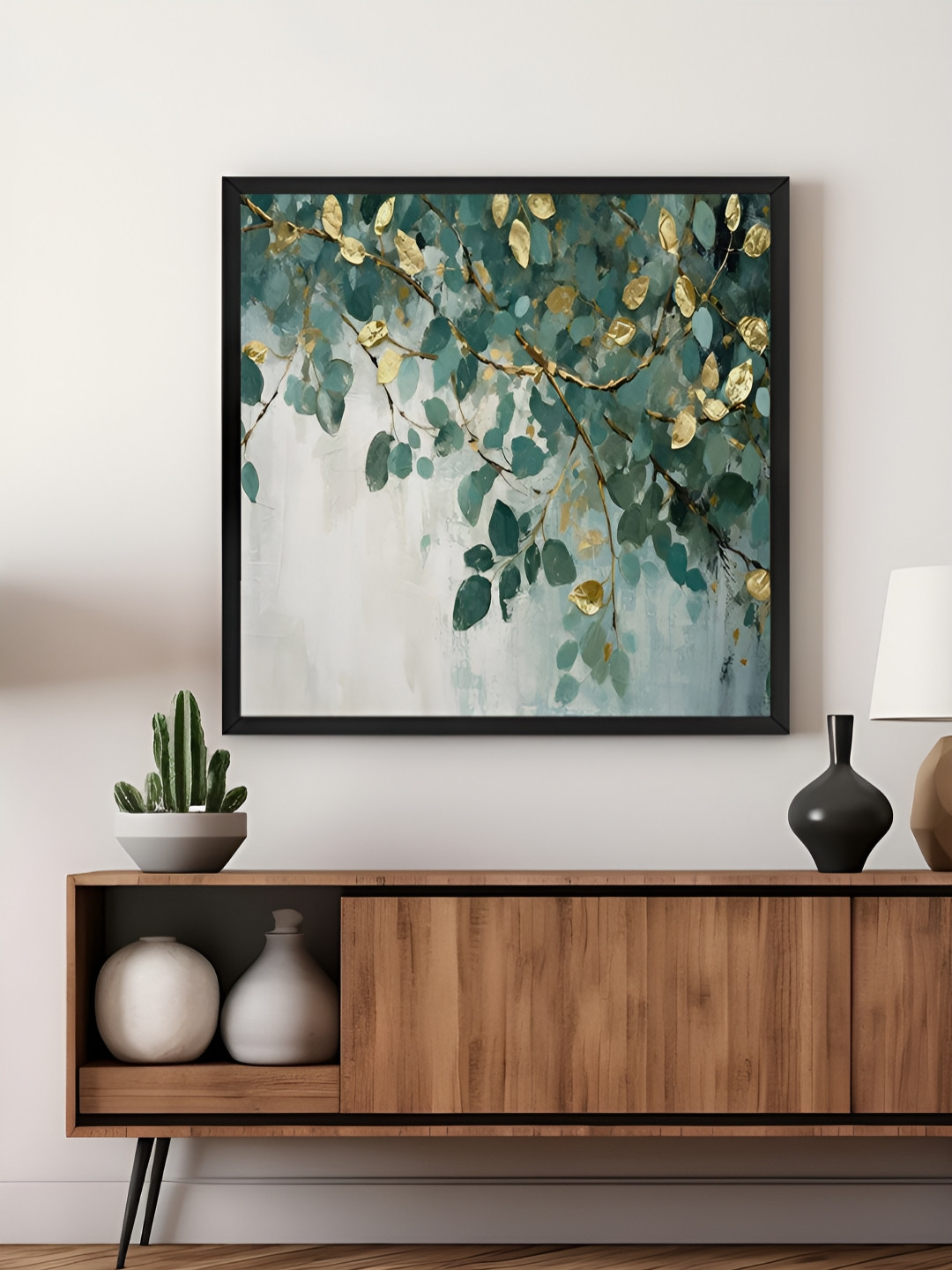 999Store Green & Gold-Toned Canvas Elegant Leaf Wall Art