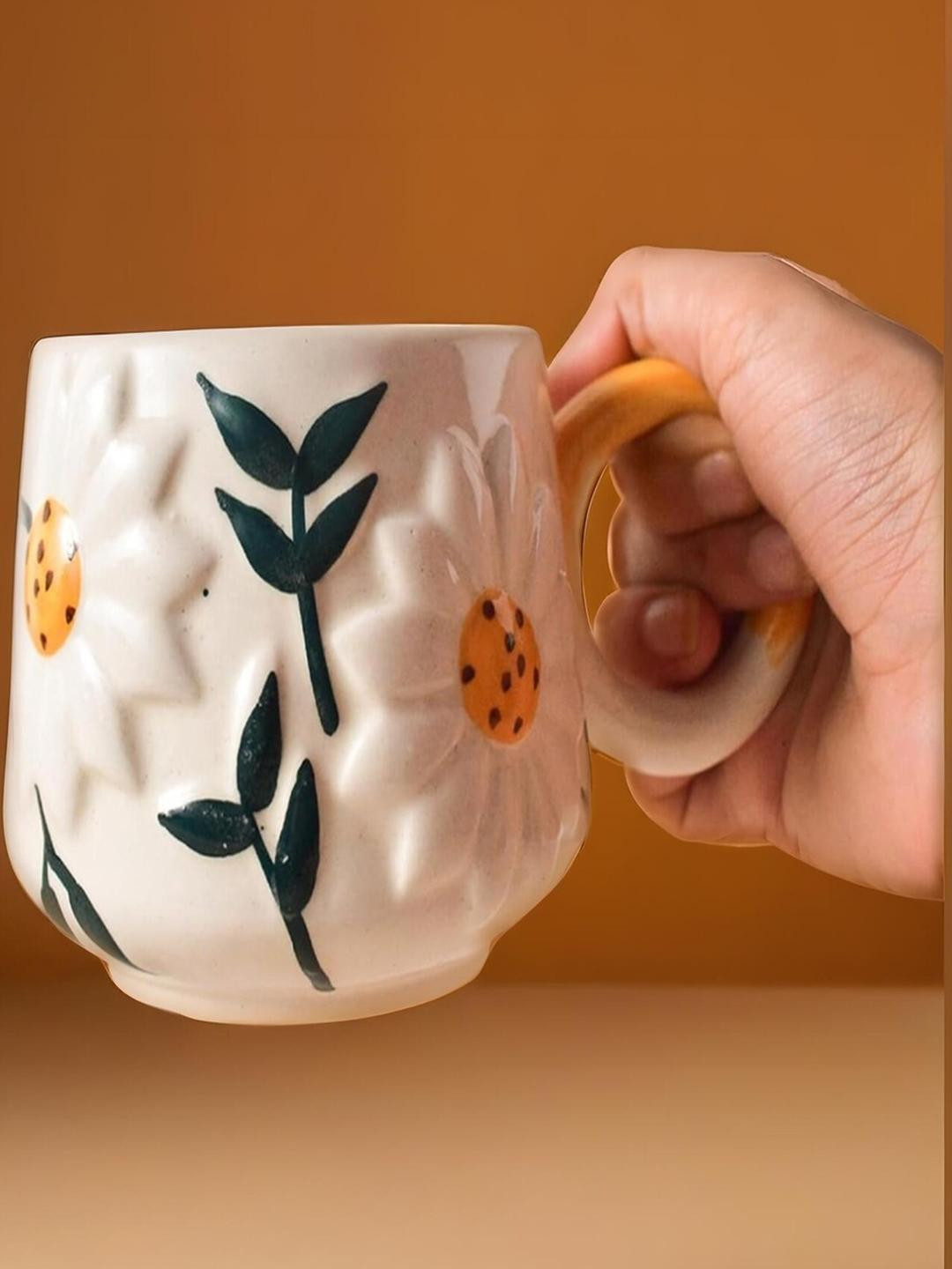 ACE THE SPACE White Floral Textured Ceramic Glossy Cup