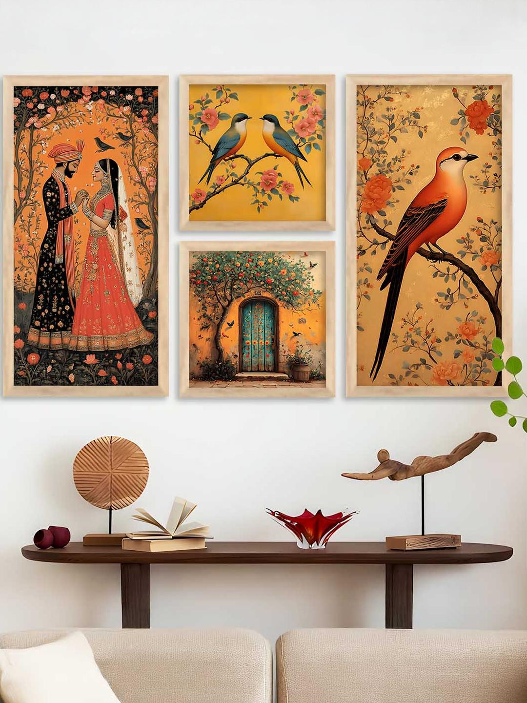 WALLLANE Brown 4 Piece Traditional Wall Art Poster With Wooden Frame Wall Paintings