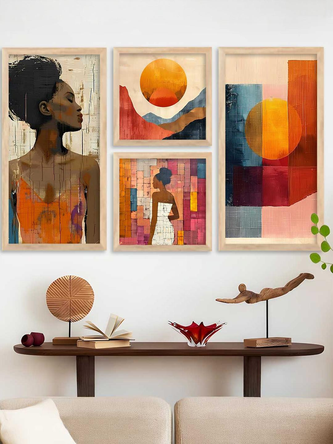 WALLLANE Brown 4-Pc Wood Abstract Wall Paintings