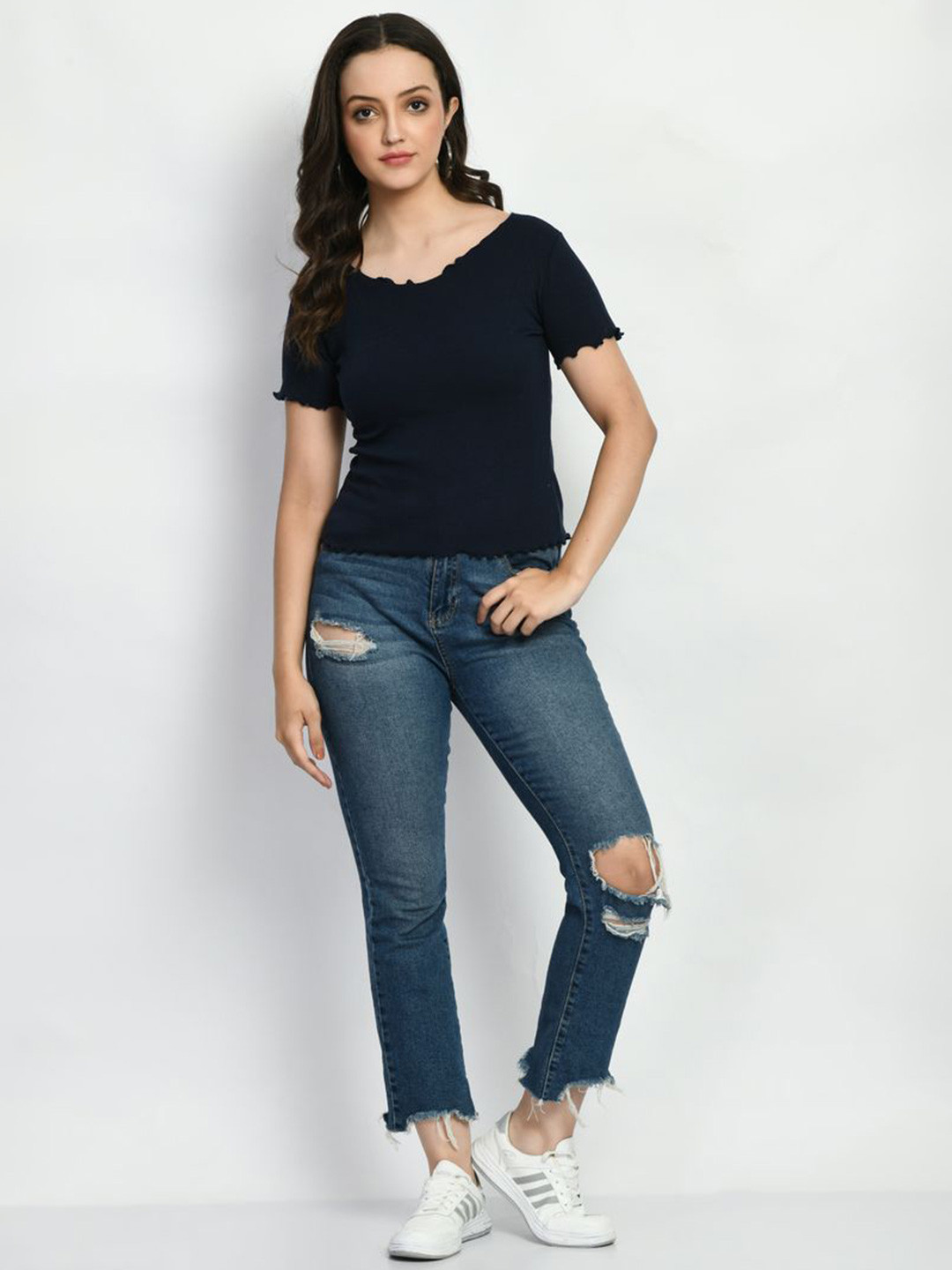 Brainbees Classic Navy Blue Ribbed Short Sleeve Cotton Top