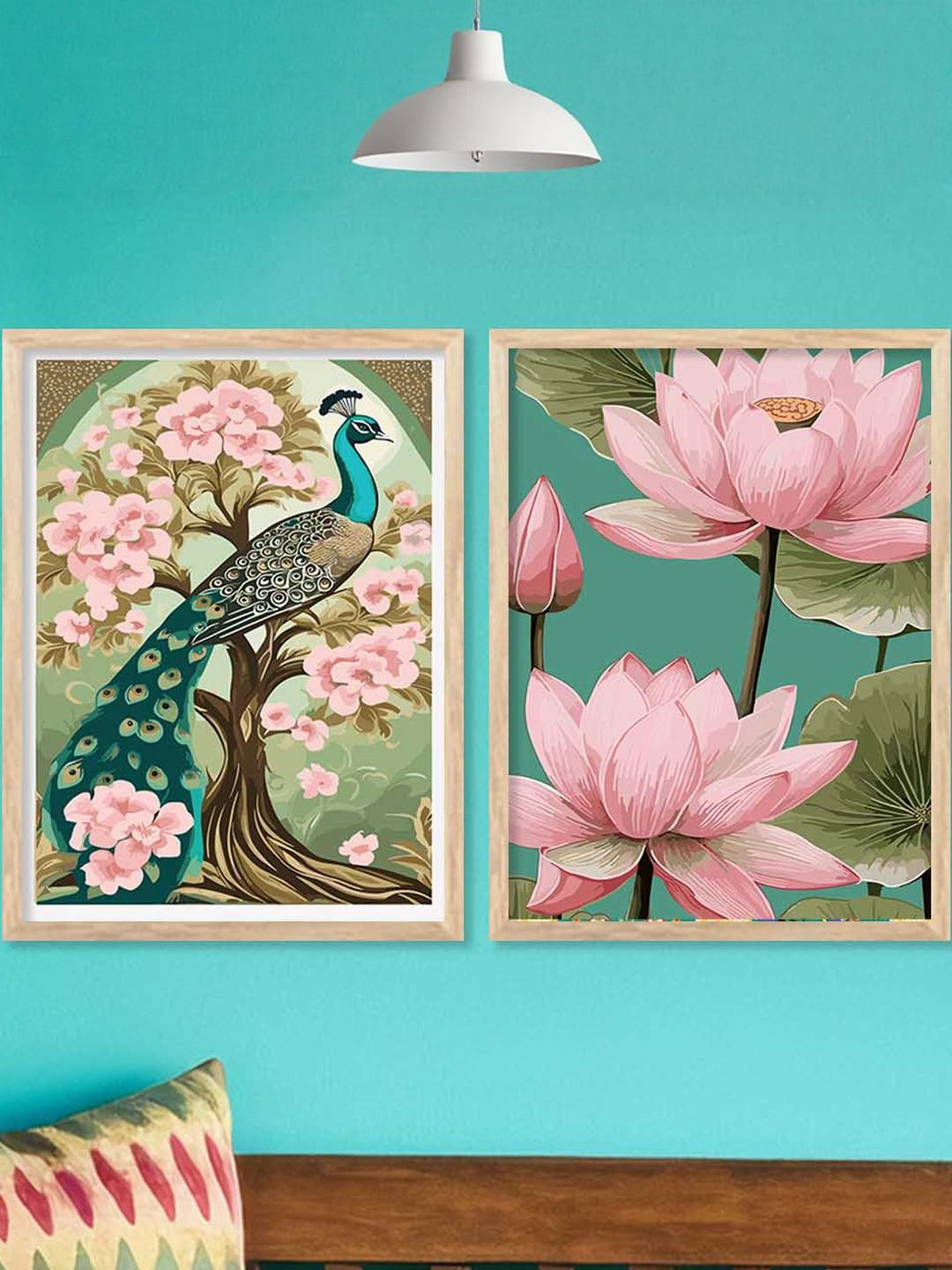 WALLLANE Blue Wood Set of 2 Abstract Wall Paintings with Frame
