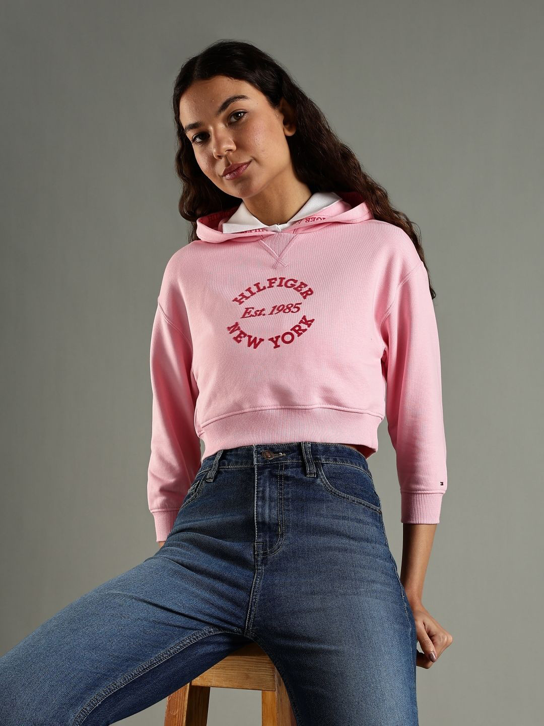 Tommy Hilfiger Eroupe Women Printed Hooded Cotton Crop Sweatshirt