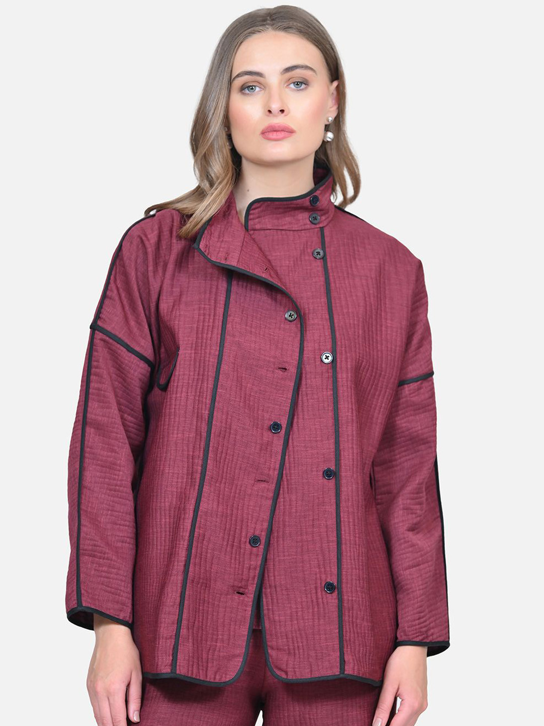 OFFICE & YOU Women Mock Collar Self Design Casual Tailored Jacket