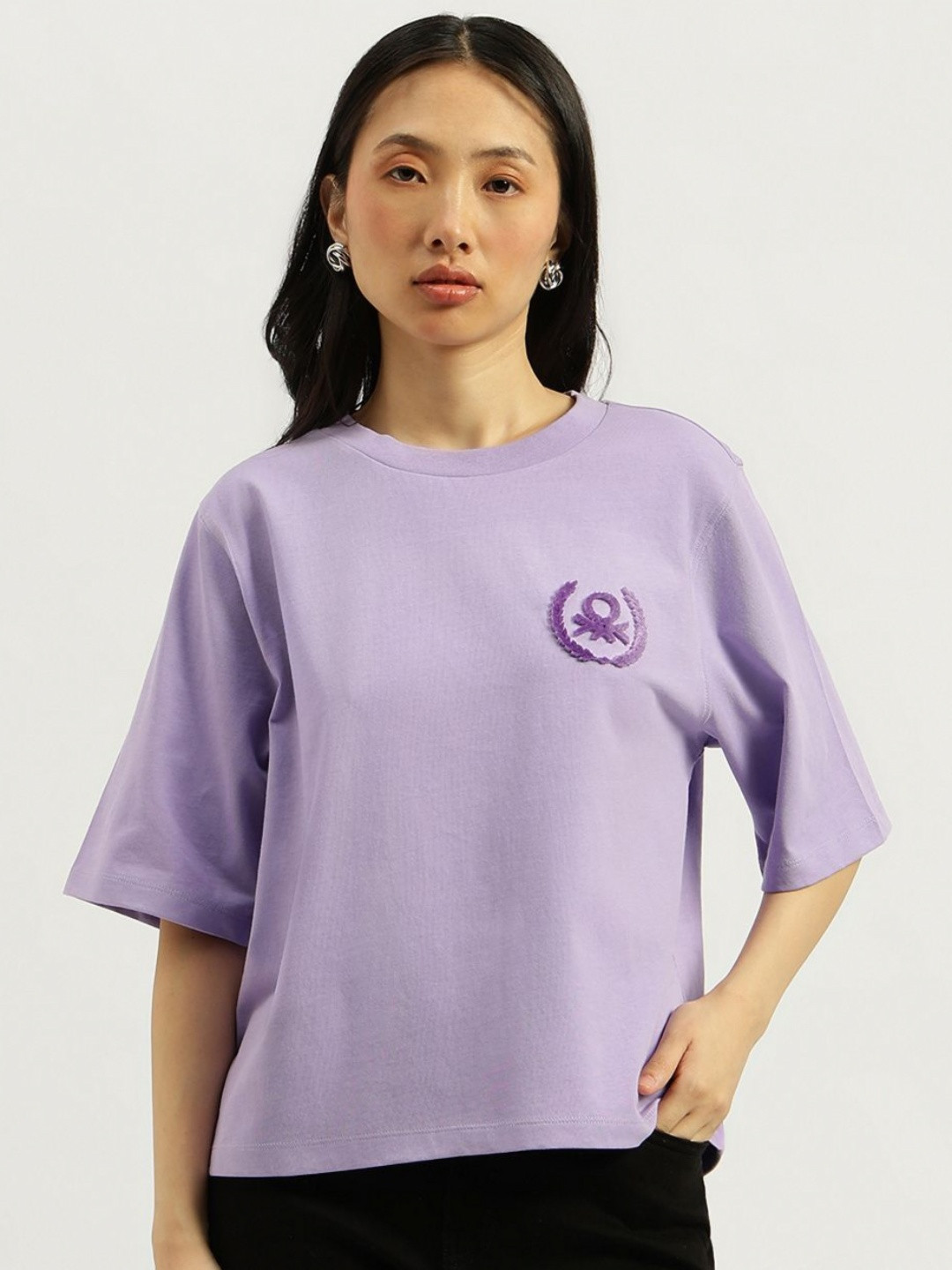 United Colors of Benetton Women Solid Round Neck Cotton Relaxed Fit T-shirt