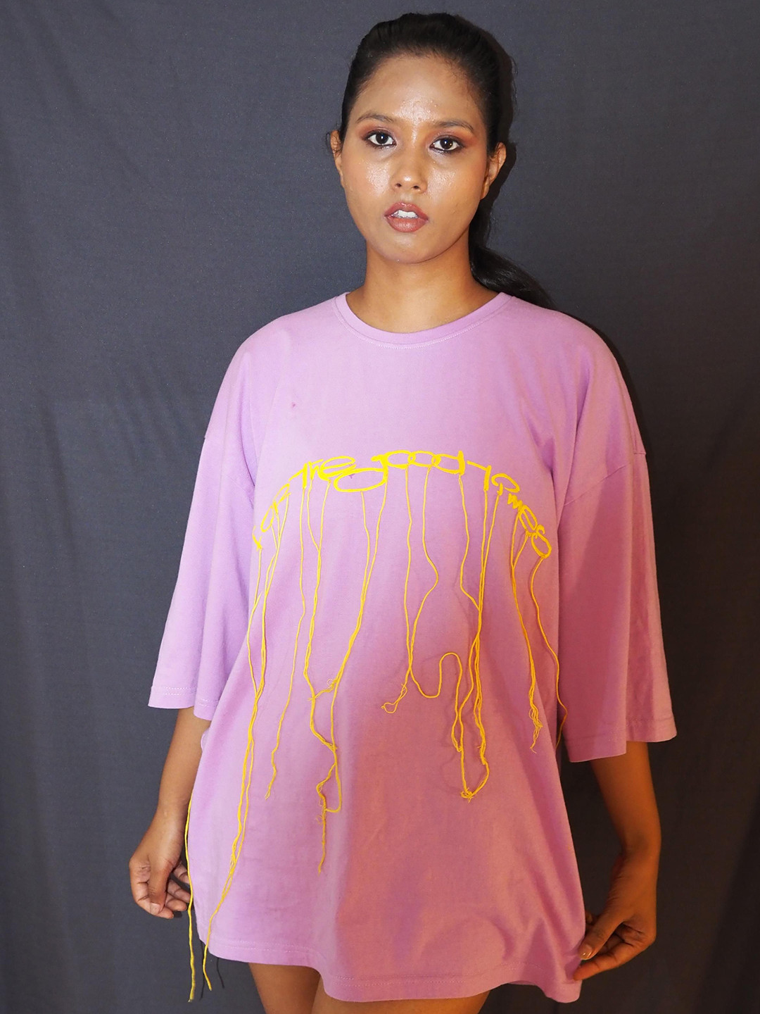 BANGS AND CRACKLES Women Dual Fusion Self Design Round Neck Cotton Oversized T-shirt