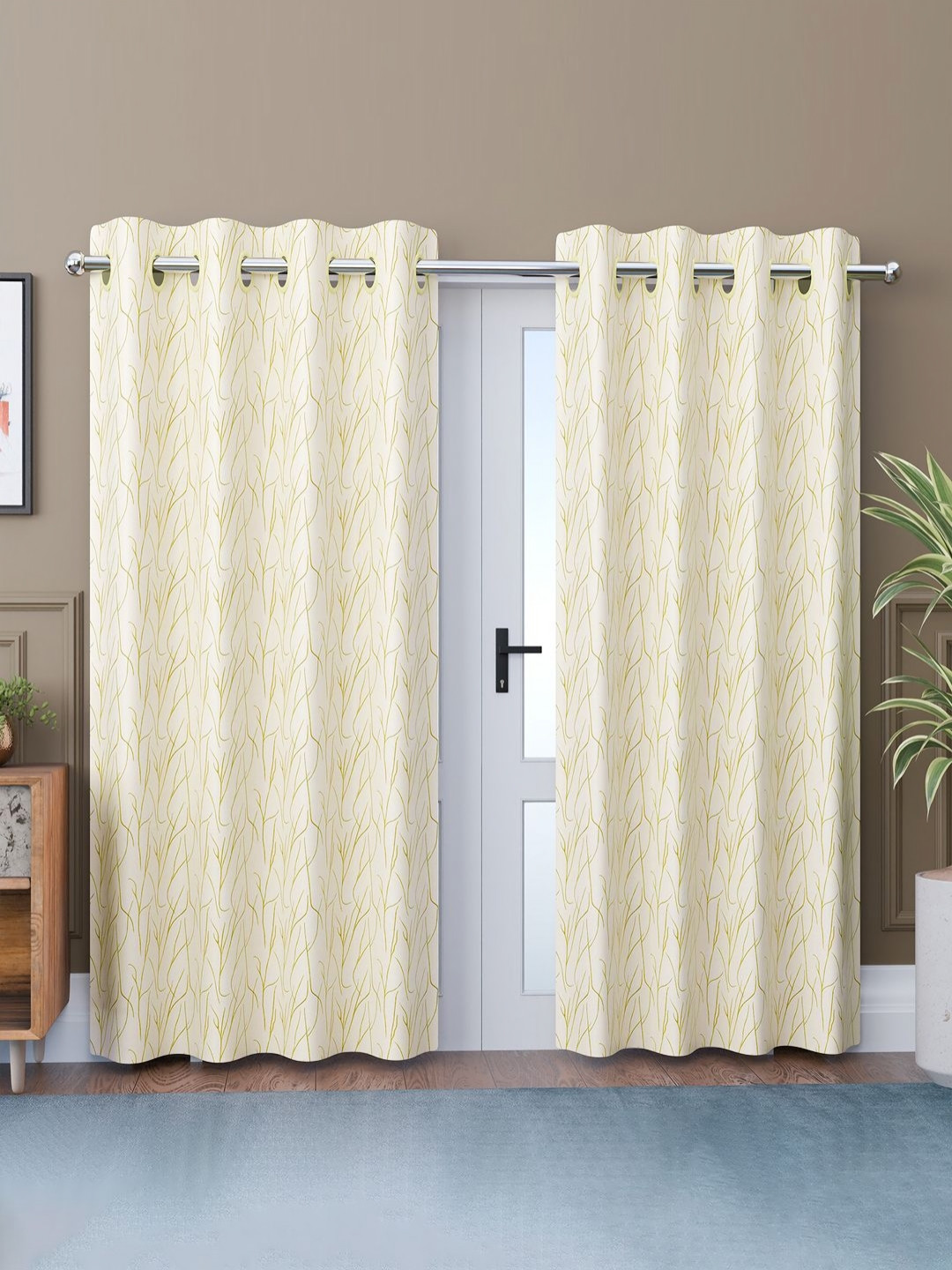 RUBOXA Cream-Coloured & Gold-Toned 2 Pieces Striped Door Curtains