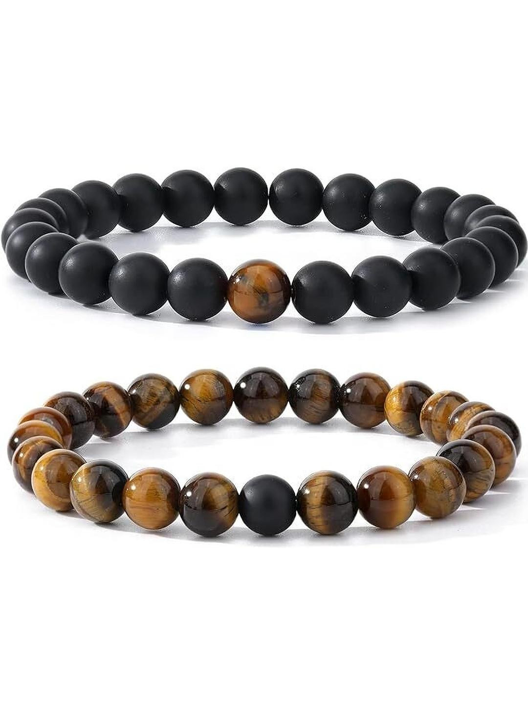 VIBESLE Unisex Set of 2 Balck & Brown Crystal Bracelet