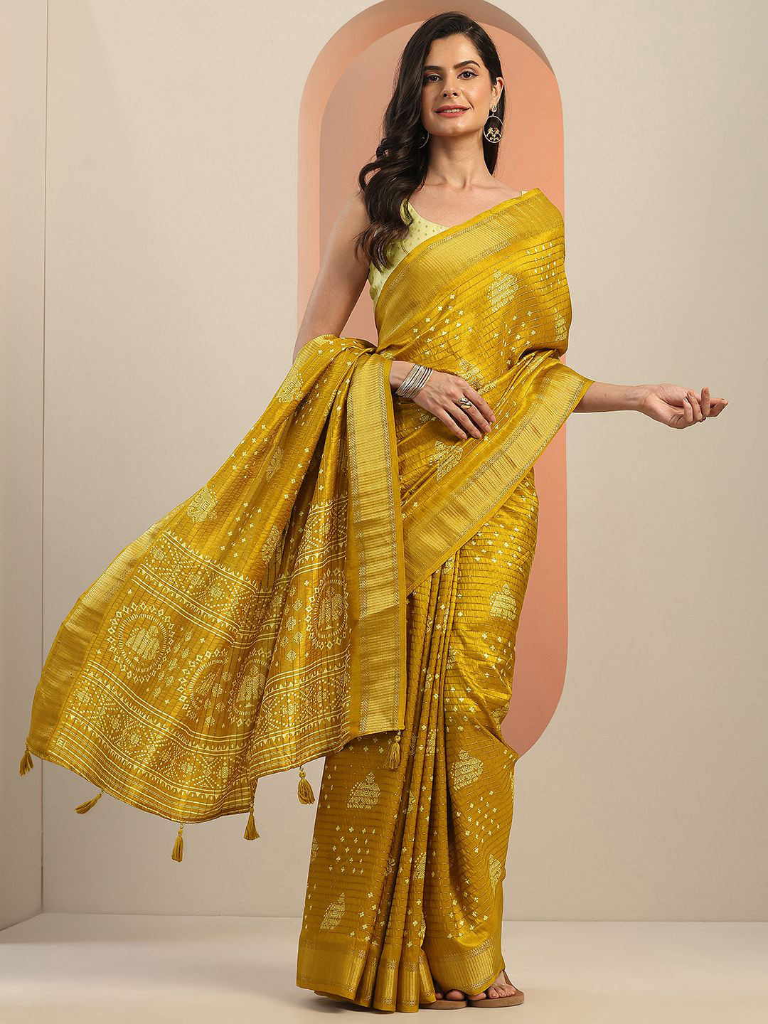 Libas Ethnic Motifs Zari Saree with woven design border and a blouse piece
